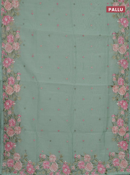 Semi Chanderi Saree pastel green with allover convent embroidery buttas and corsha lace work border