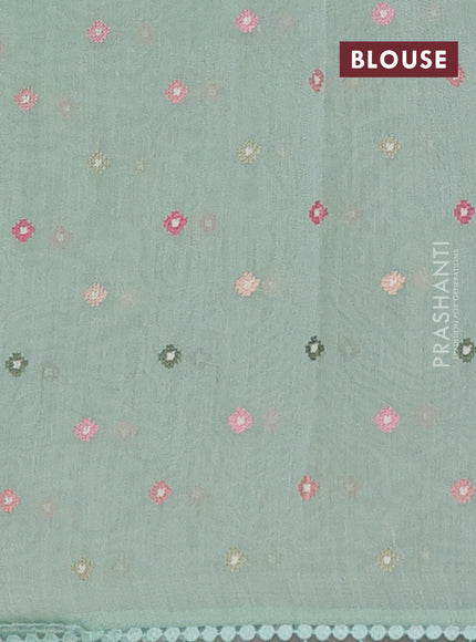 Semi Chanderi Saree pastel green with allover convent embroidery buttas and corsha lace work border