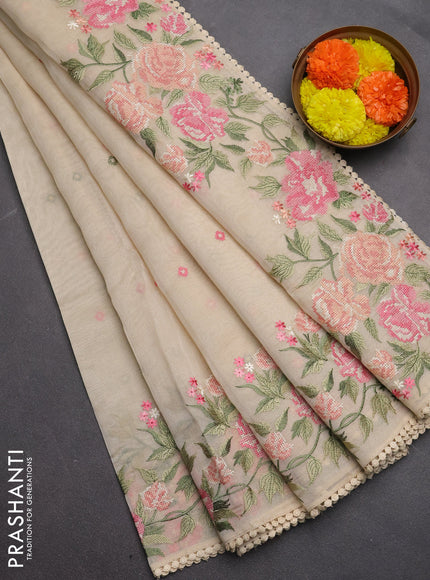 Semi Chanderi Saree beige with allover convent embroidery buttas and corsha lace work border