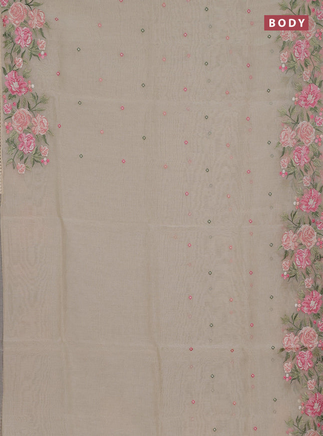 Semi Chanderi Saree beige with allover convent embroidery buttas and corsha lace work border