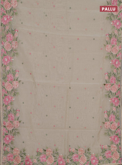 Semi Chanderi Saree beige with allover convent embroidery buttas and corsha lace work border