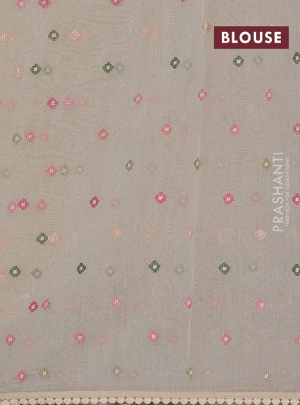 Semi Chanderi Saree beige with allover convent embroidery buttas and corsha lace work border