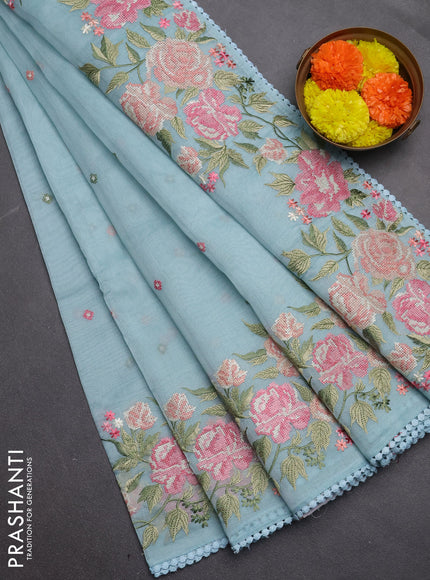 Semi Chanderi Saree pastel blue with allover convent embroidery buttas and corsha lace work border