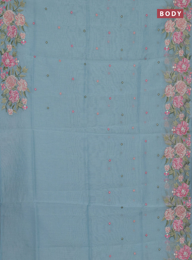 Semi Chanderi Saree pastel blue with allover convent embroidery buttas and corsha lace work border