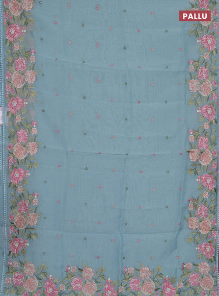 Semi Chanderi Saree pastel blue with allover convent embroidery buttas and corsha lace work border
