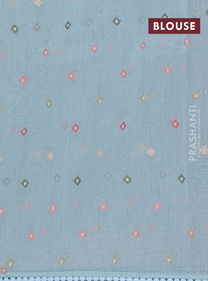 Semi Chanderi Saree pastel blue with allover convent embroidery buttas and corsha lace work border