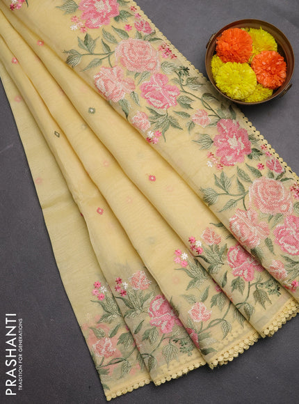 Semi Chanderi Saree pale yellow with allover convent embroidery buttas and corsha lace work border