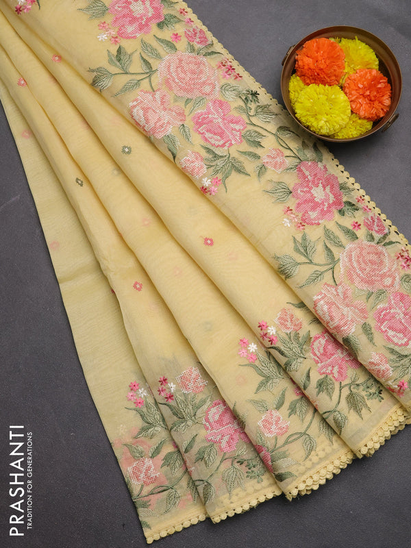 Semi Chanderi Saree pale yellow with allover convent embroidery buttas and corsha lace work border
