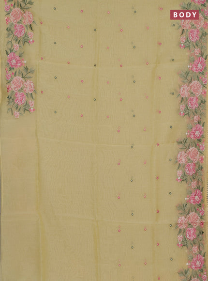 Semi Chanderi Saree pale yellow with allover convent embroidery buttas and corsha lace work border