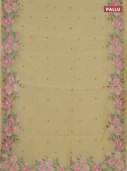 Semi Chanderi Saree pale yellow with allover convent embroidery buttas and corsha lace work border