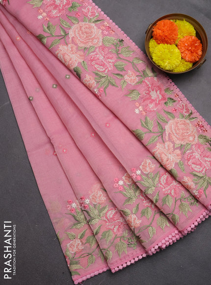 Semi Chanderi Saree pink with allover convent embroidery buttas and corsha lace work border