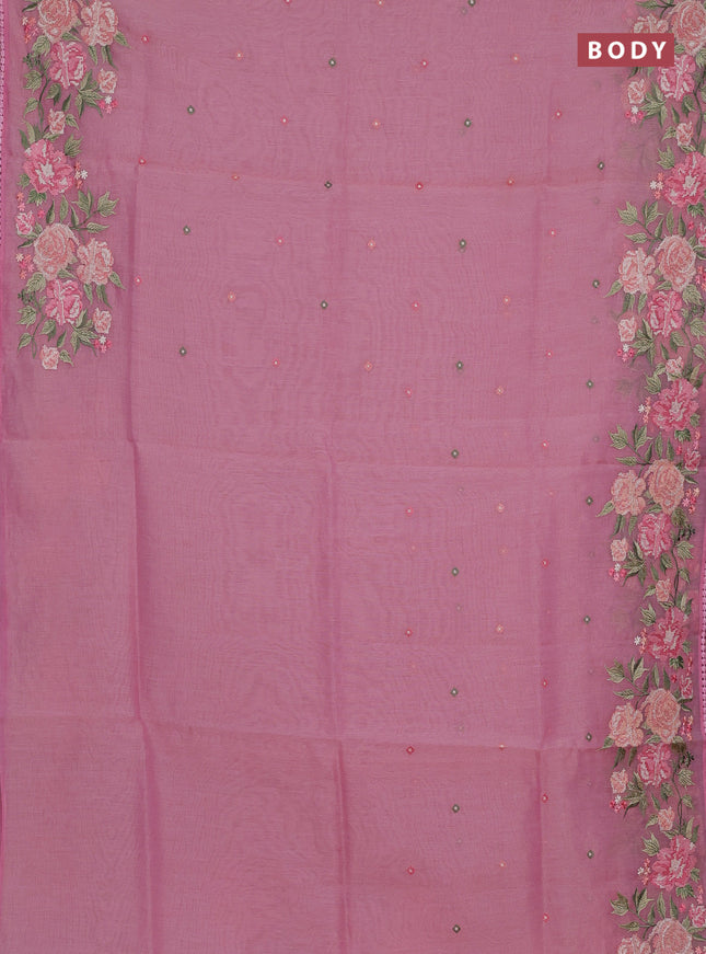 Semi Chanderi Saree pink with allover convent embroidery buttas and corsha lace work border