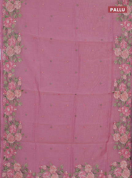 Semi Chanderi Saree pink with allover convent embroidery buttas and corsha lace work border