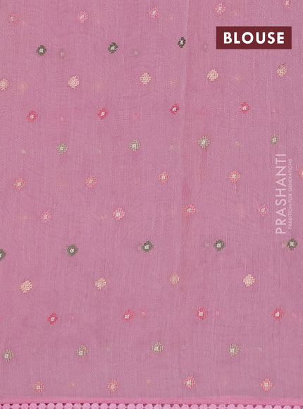 Semi Chanderi Saree pink with allover convent embroidery buttas and corsha lace work border
