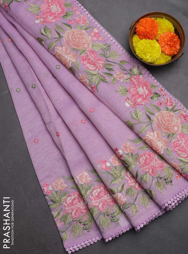Semi Chanderi Saree lavender with allover convent embroidery buttas and corsha lace work border