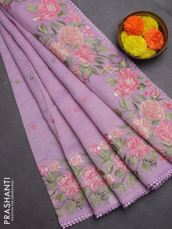 Semi Chanderi Saree lavender with allover convent embroidery buttas and corsha lace work border