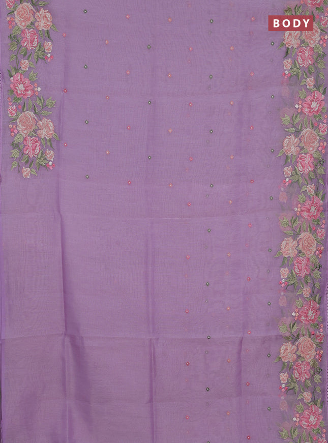 Semi Chanderi Saree lavender with allover convent embroidery buttas and corsha lace work border