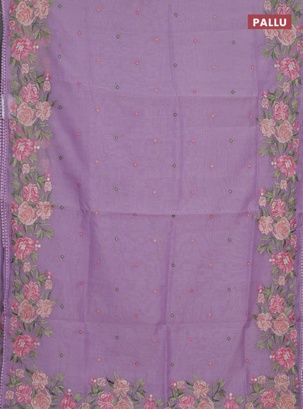 Semi Chanderi Saree lavender with allover convent embroidery buttas and corsha lace work border
