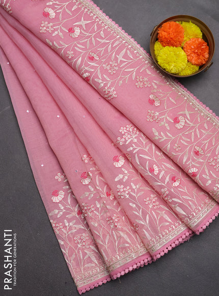 Semi Chanderi Saree pink with allover mirror embroidery buttas and corsha lace work border