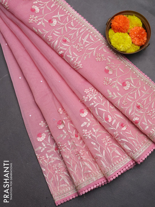 Semi Chanderi Saree pink with allover mirror embroidery buttas and corsha lace work border