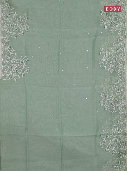 Semi Chanderi Saree pastel green with allover mirror embroidery buttas and corsha lace work border