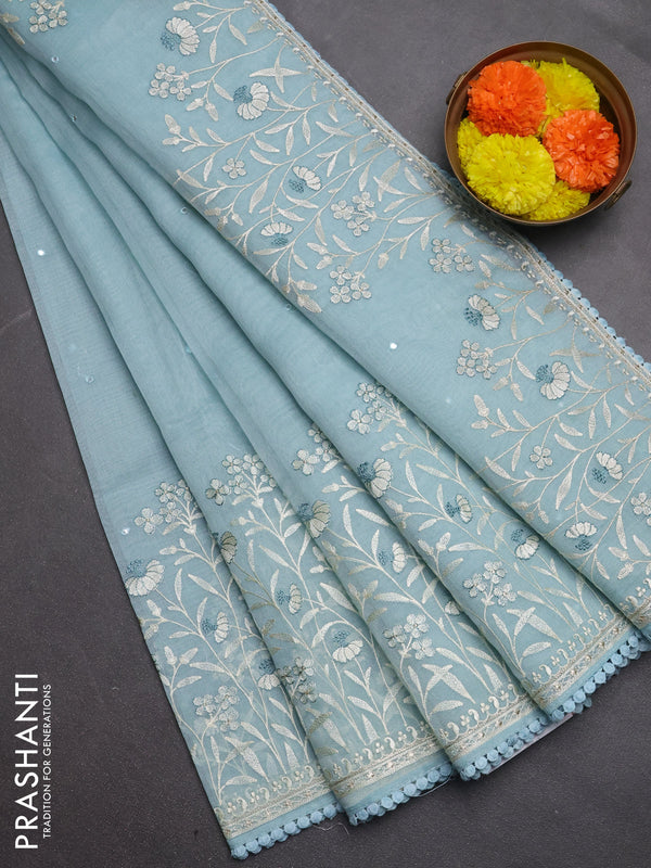 Semi Chanderi Saree pastel blue with allover mirror embroidery buttas and corsha lace work border