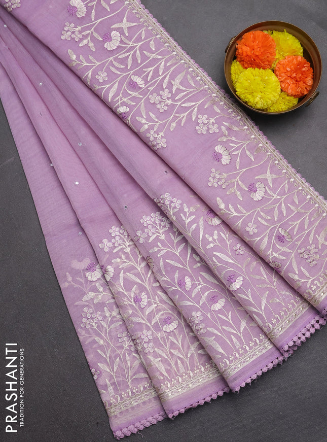 Semi Chanderi Saree lavender with allover mirror embroidery buttas and corsha lace work border