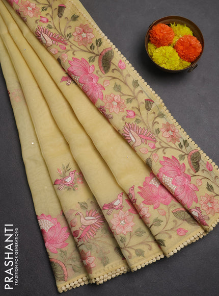 Semi Chanderi Saree yellow with mirror work buttas and embroidery work border