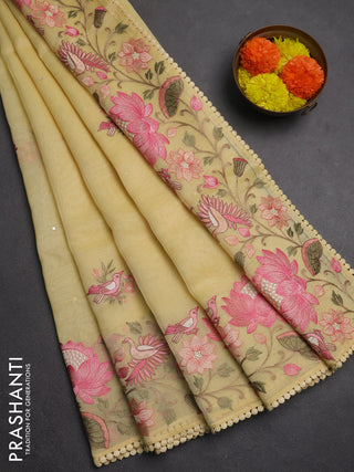 Semi Chanderi Saree yellow with mirror work buttas and embroidery work border