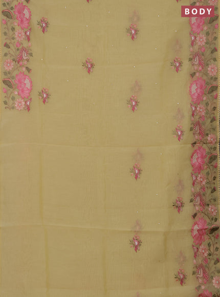 Semi Chanderi Saree yellow with mirror work buttas and embroidery work border