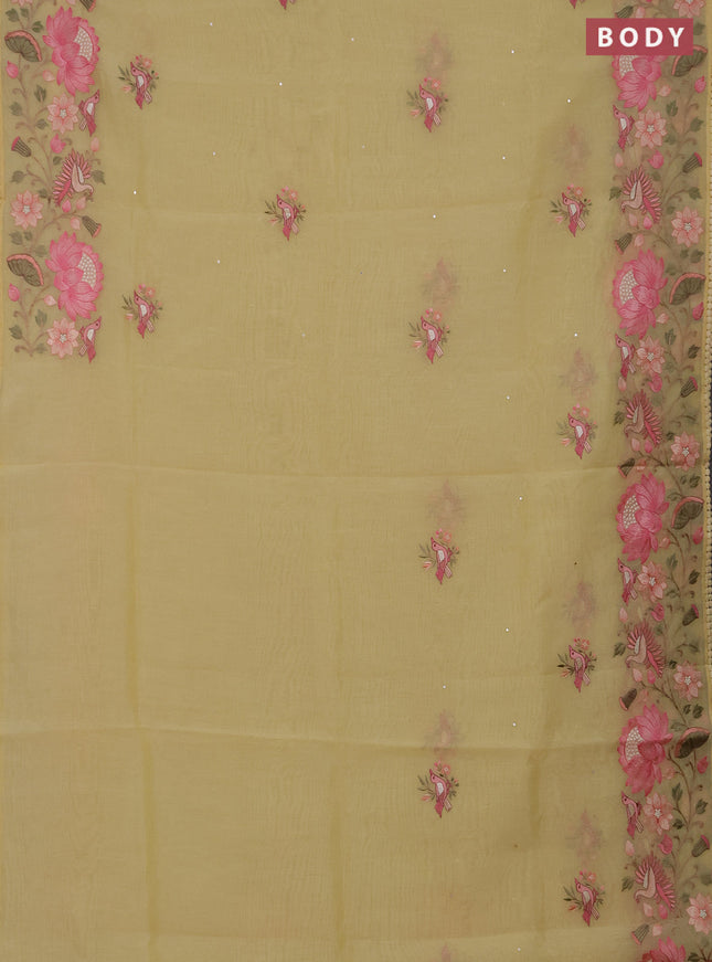 Semi Chanderi Saree yellow with mirror work buttas and embroidery work border