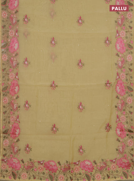 Semi Chanderi Saree yellow with mirror work buttas and embroidery work border