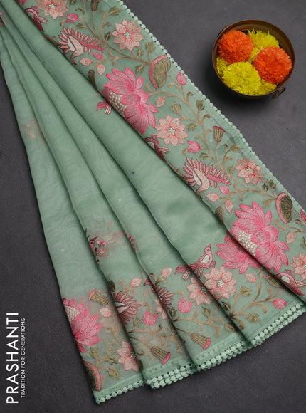 Semi Chanderi Saree pastel green with mirror work buttas and embroidery work border