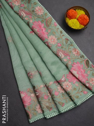 Semi Chanderi Saree pastel green with mirror work buttas and embroidery work border