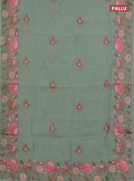 Semi Chanderi Saree pastel green with mirror work buttas and embroidery work border