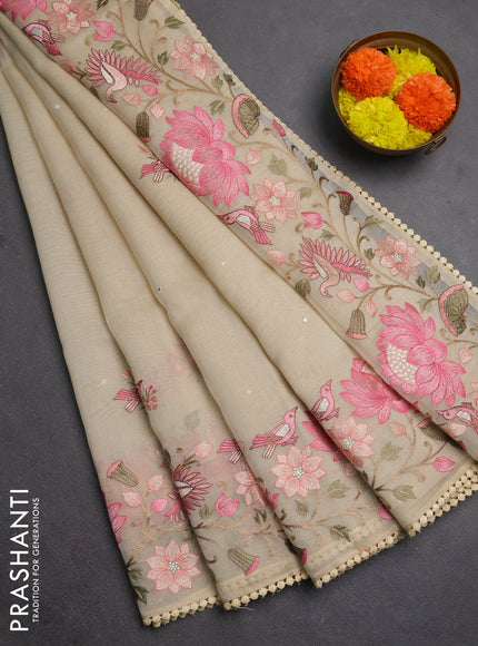 Semi Chanderi Saree beige with mirror work buttas and embroidery work border