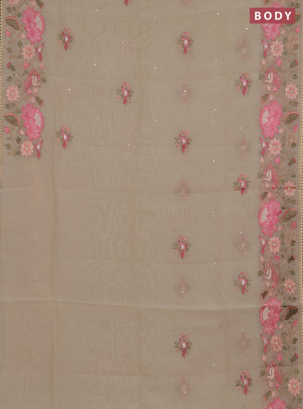 Semi Chanderi Saree beige with mirror work buttas and embroidery work border