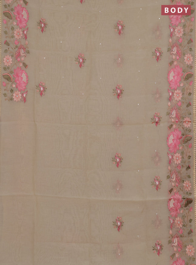 Semi Chanderi Saree beige with mirror work buttas and embroidery work border