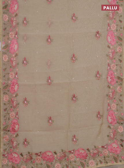 Semi Chanderi Saree beige with mirror work buttas and embroidery work border