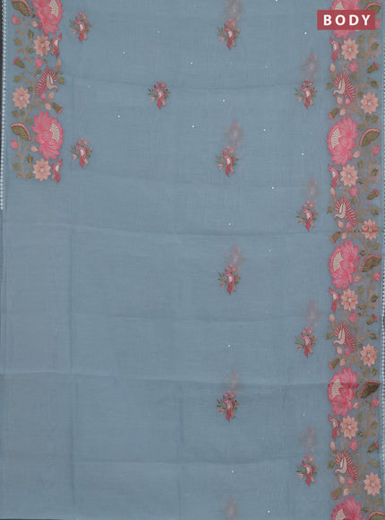 Semi Chanderi Saree teal blue with mirror work buttas and embroidery work border