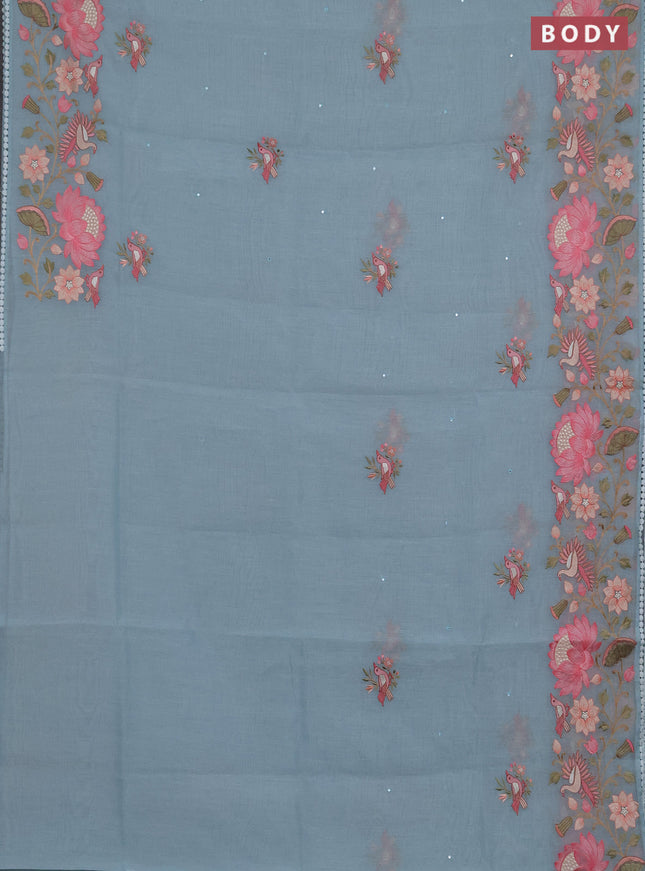 Semi Chanderi Saree teal blue with mirror work buttas and embroidery work border