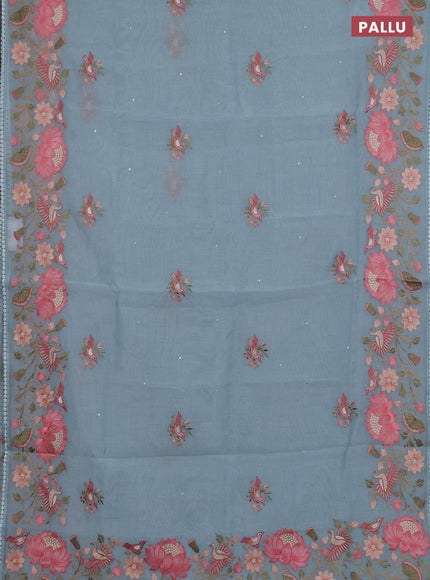 Semi Chanderi Saree teal blue with mirror work buttas and embroidery work border