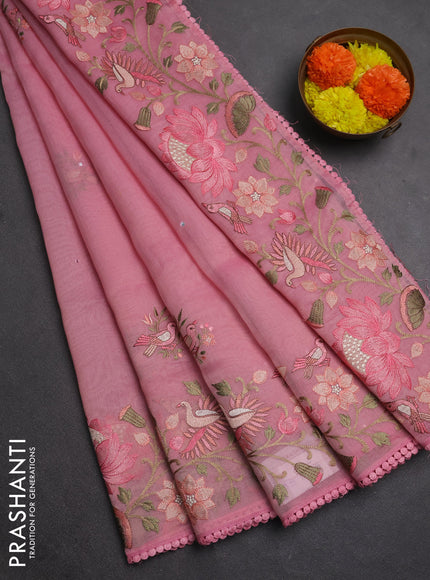 Semi Chanderi Saree pink with mirror work buttas and embroidery work border