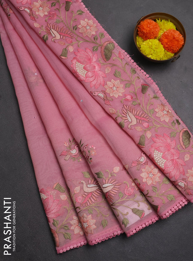 Semi Chanderi Saree pink with mirror work buttas and embroidery work border