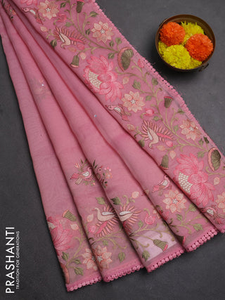 Semi Chanderi Saree pink with mirror work buttas and embroidery work border
