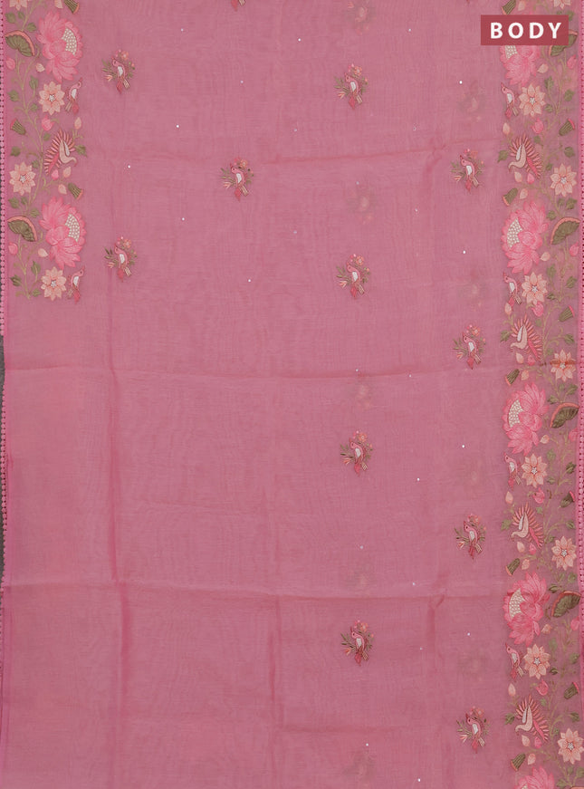 Semi Chanderi Saree pink with mirror work buttas and embroidery work border