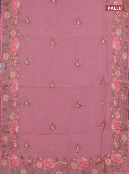Semi Chanderi Saree pink with mirror work buttas and embroidery work border