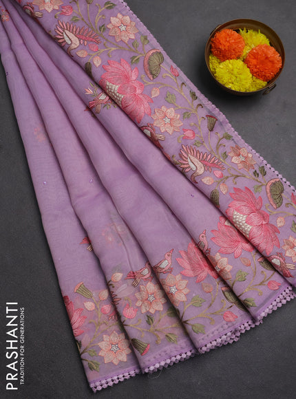 Semi Chanderi Saree lavender with mirror work buttas and embroidery work border