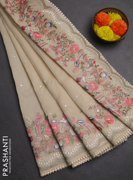 Semi Chanderi Saree beige with mirror work buttas and embroidery work border