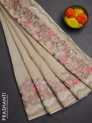 Semi Chanderi Saree beige with mirror work buttas and embroidery work border